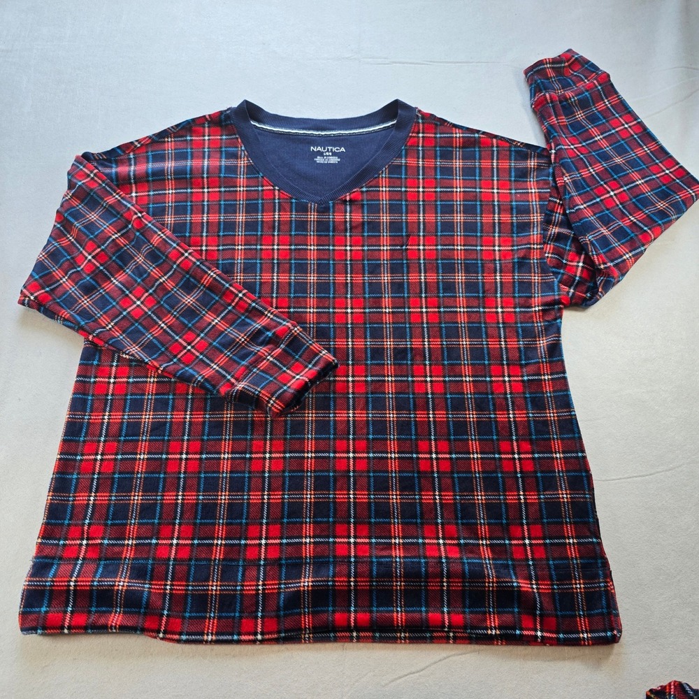 Nautica Mens Pajama Set Red Navy Blue Plaid Fleece Sleepwear Large PJs EUC - Picture 2 of 8